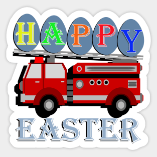 Happy Easter Design for Kids, Firetruck carrying Easter eggs that spell out HAPPY and Easter under the truck. Sticker